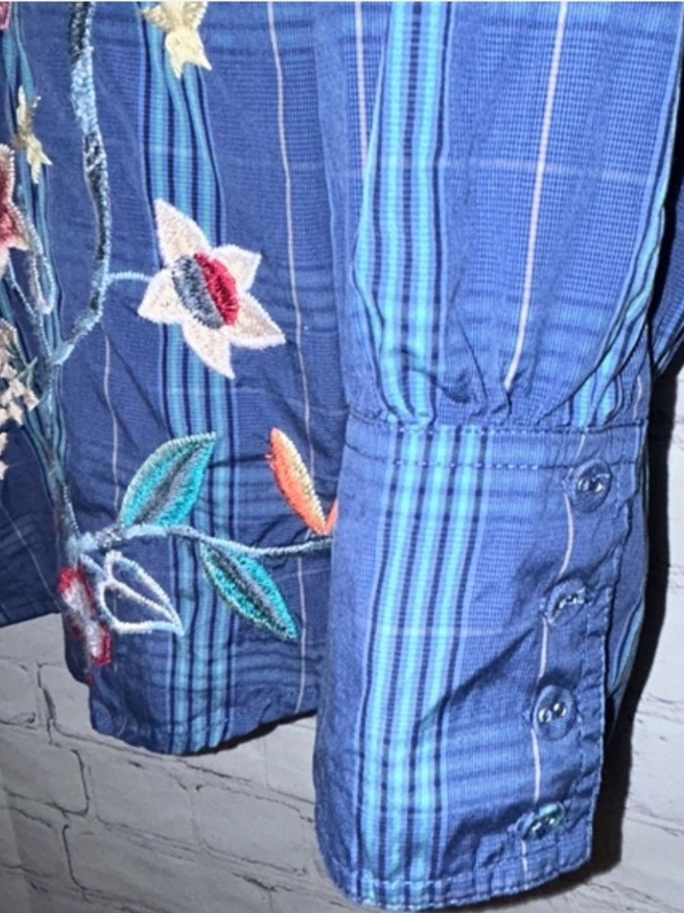 Johnny Was Blue Plaid Floral Embroidered Button-Up - Picture 3 of 6